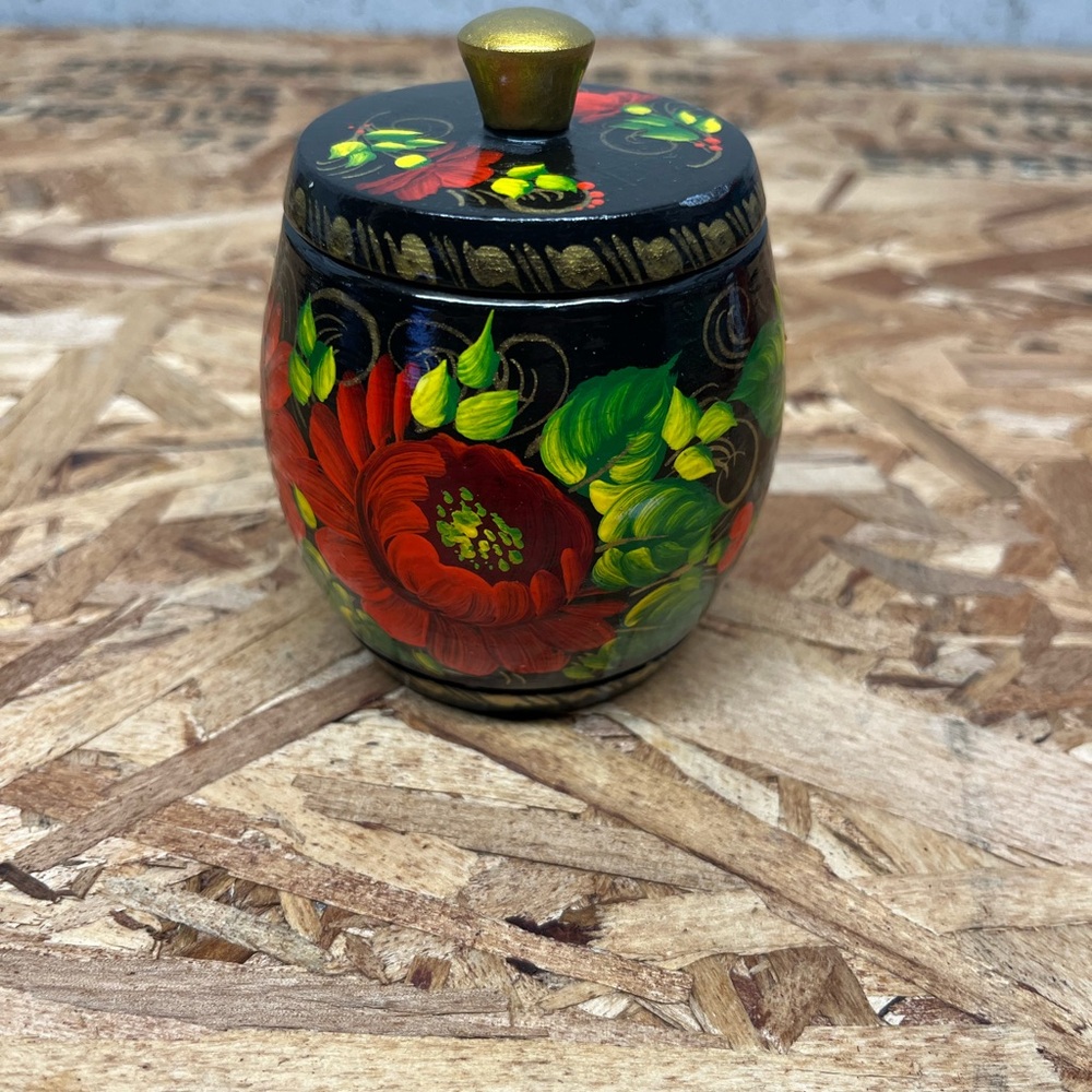 Vintage Russian Khokhloms Wooden Hand Painted Jar